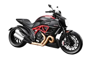 A sleek black and red motorcycle  toy is shown on a solid black background. Features include a distinctive red frame, chrome exhaust, and sporty design.