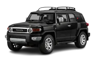 A black Toyota FJ Cruiser toy with rugged design, prominent grille, and round headlights. It is shown on a black background, highlighting its sturdy build.