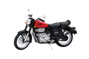 Red Royal Enfield motorcycle toy bike  with a classic design, black seat, and chrome details is set against a black background, exuding a vintage and robust aura.