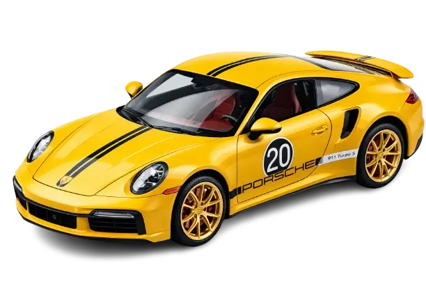 Yellow Porsche 911 racing car die-cast model with black stripes, number 20 decal, rear spoiler, and detailed wheels on a transparent background.