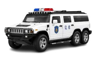 White die-cast metal police SUV toy with six wheels, roof-mounted red and blue lights, detailed grille, and official-style police markings, shown on a transparent background.