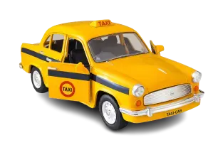 Yellow metal toy taxi car with black stripes, detailed headlights, and classic design, shown at an angle on a transparent background.