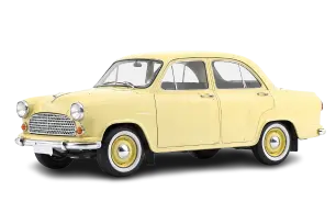 Vintage-style metal toy car in light yellow with chrome grille, round headlights, and classic detailing, shown at an angled view on a transparent background.