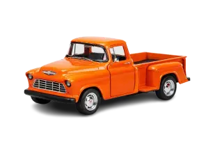 Vintage-style orange metal pickup truck toy with an open cargo bed, chrome grille, and classic detailing, shown at an angled view on a transparent background.