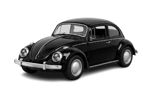 Black die-cast metal toy car (classic Volkswagen Beetle style) with detailed body and chrome accents, displayed on a transparent background.